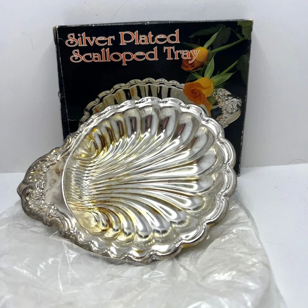 Vintage Silver Plated Scalloped Clam Shell Tray Ornate Trinket Dish